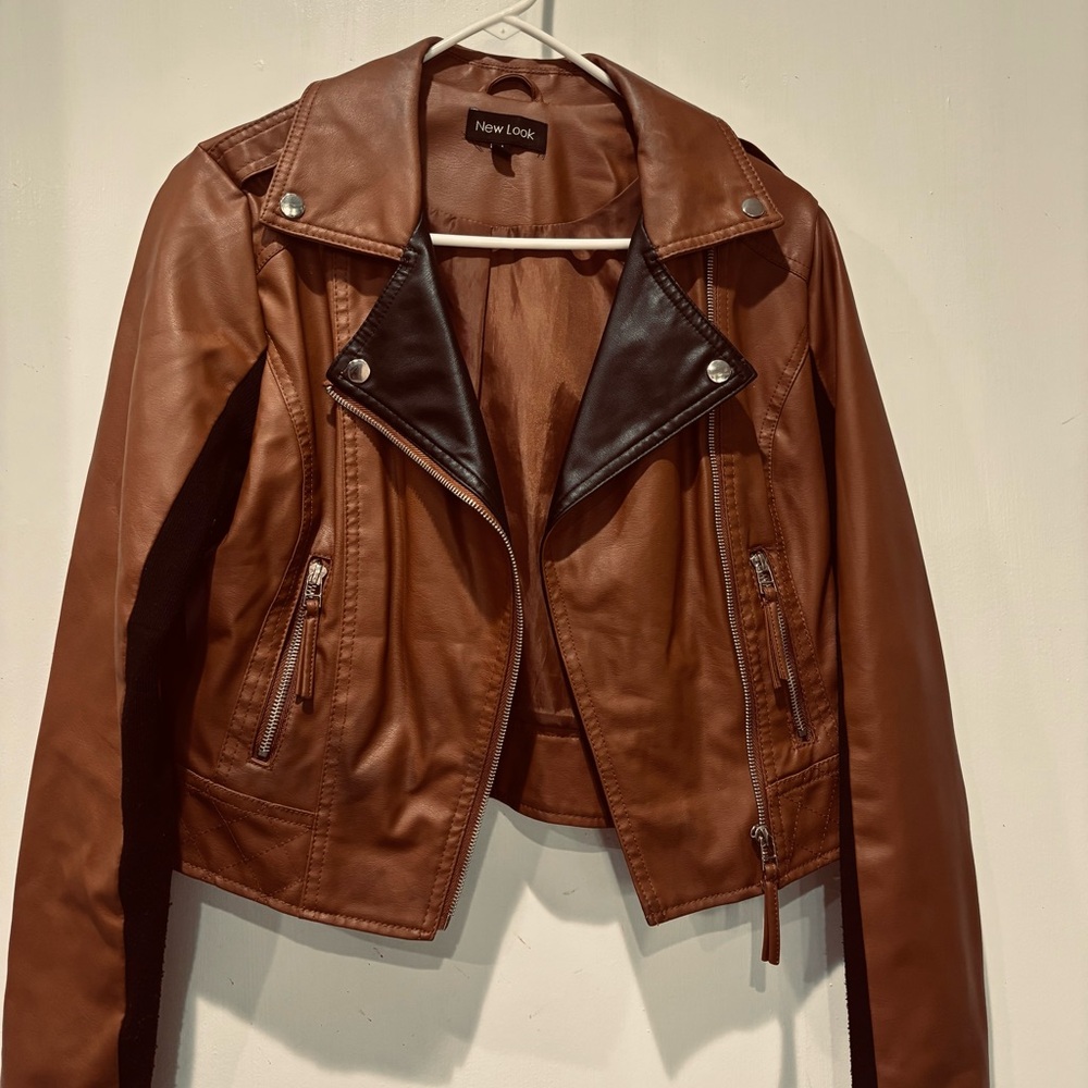 New Look Brown Faux Leather Biker Jacket with Dark Contrast Lapels